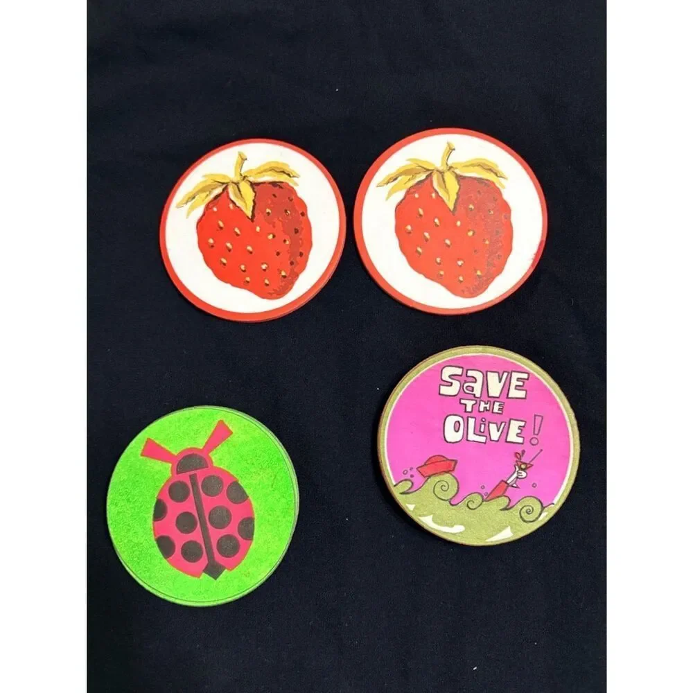 Vintage Coasters Lot Sopp’s Strawberry Ladybug Save the Olive Retro